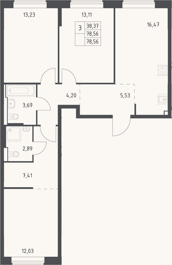 Планировка: 4+ к, 78,6 м²