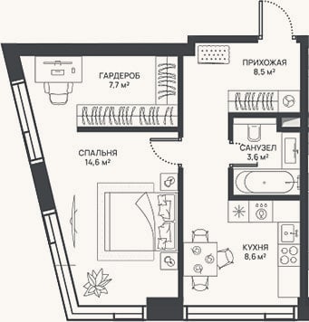 Планировка: 1-к, 43 м²