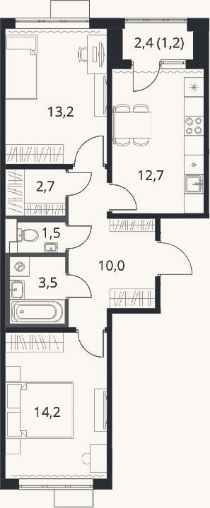 Планировка: 2-к, 57,8 м²