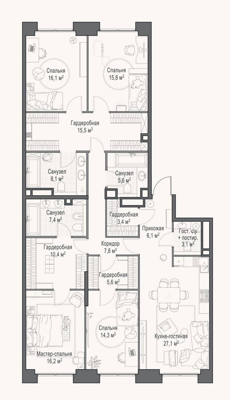 Планировка: 4+ к, 163,6 м²
