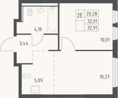 Планировка: 2-к, 32,9 м²