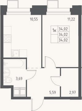 Планировка: 1-к, 34 м²
