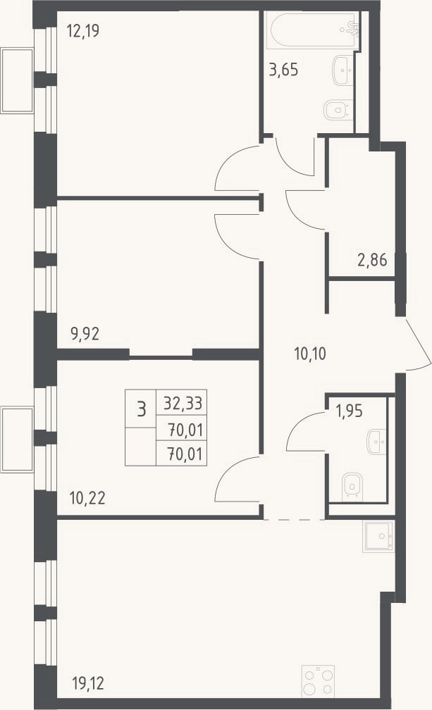Планировка: 3-к, 70 м²