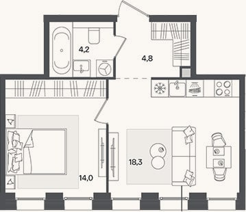 Планировка: 2-к, 41,3 м²