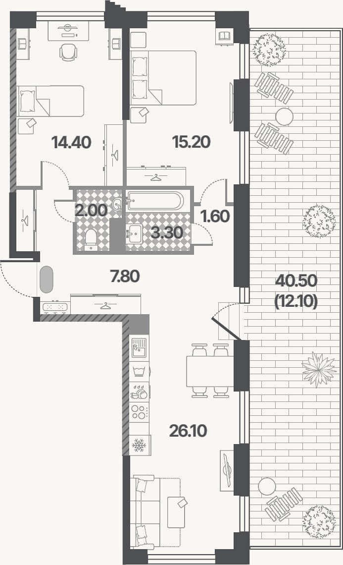 Планировка: 3-к, 70,4 м²