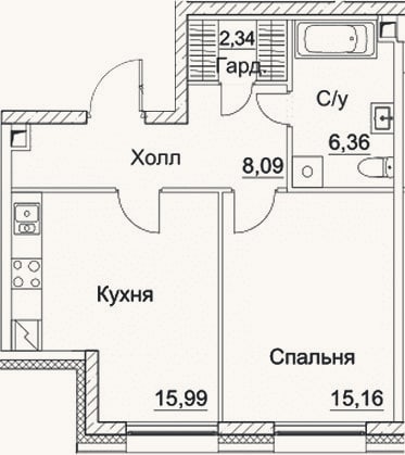 Планировка: 2-к, 47,9 м²