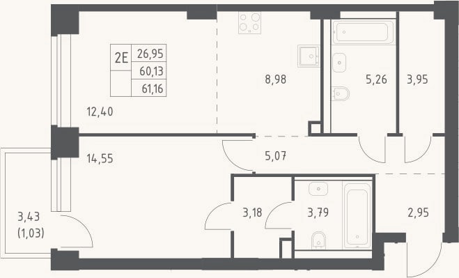 Планировка: 2-к, 60,1 м²