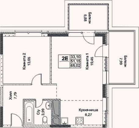 Планировка: 2-к, 51,2 м²