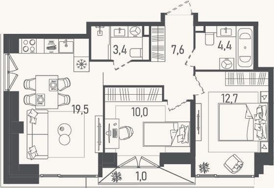 Планировка: 3-к, 57,6 м²