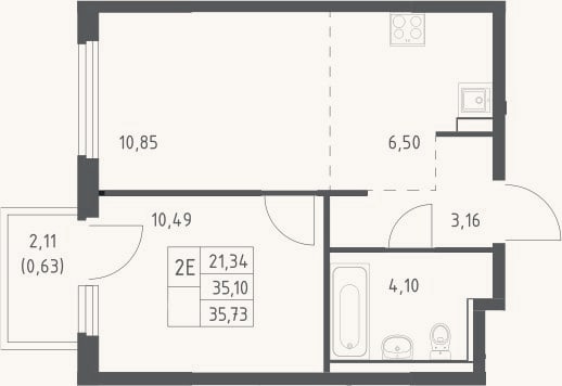 Планировка: 2-к, 35,1 м²