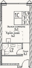 Планировка: Студия, 31,1 м²