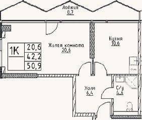 Планировка: 1-к, 42,2 м²