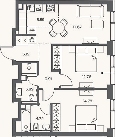 Планировка: 3-к, 62,5 м²