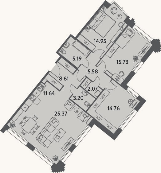 Планировка: 3-к, 107,1 м²