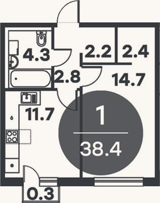 Планировка: 1-к, 38,1 м²