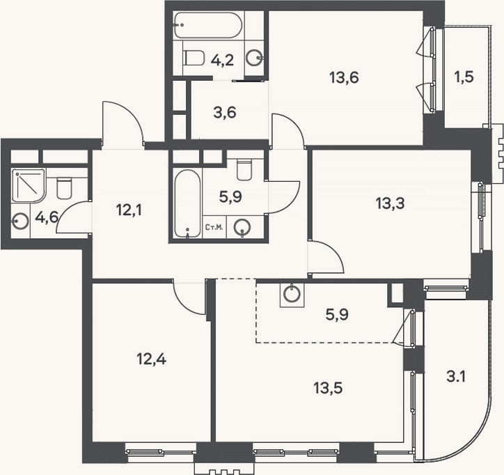 Планировка: 4+ к, 89,1 м²