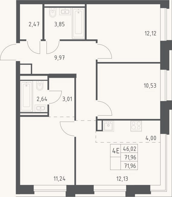 Планировка: 4+ к, 72 м²
