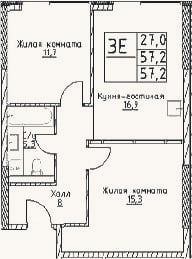 Планировка: 3-к, 57,2 м²