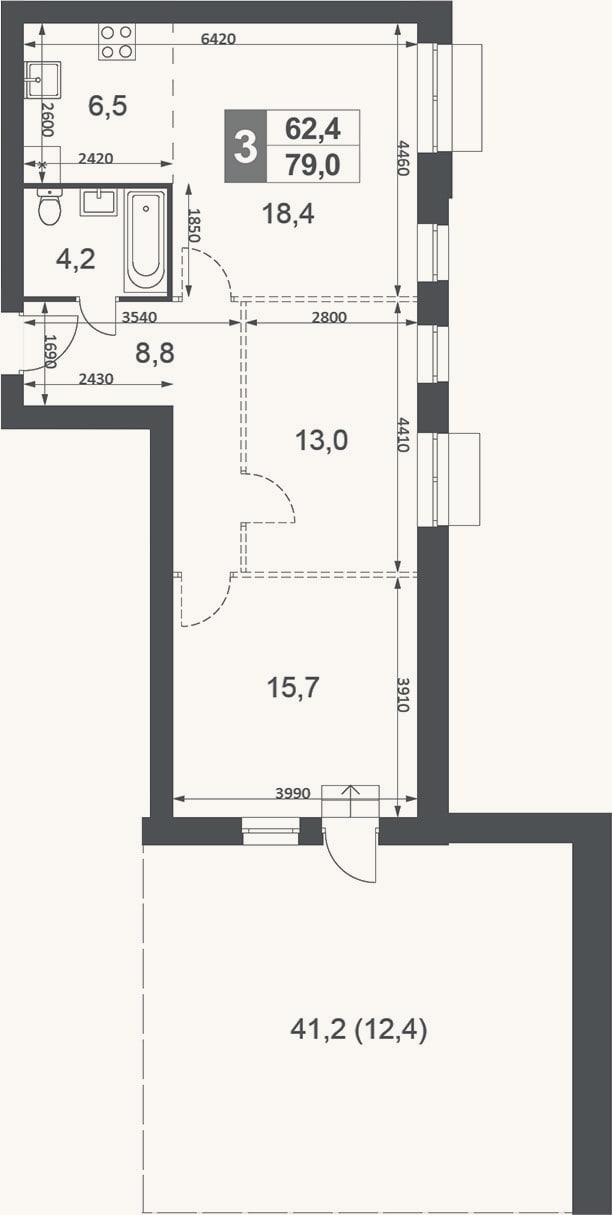 Планировка: 3-к, 66,6 м²