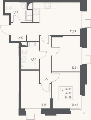 Планировка: 4+ к, 64,1 м²