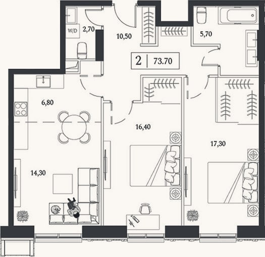Планировка: 3-к, 73,6 м²
