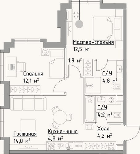 Планировка: 3-к, 58,5 м²