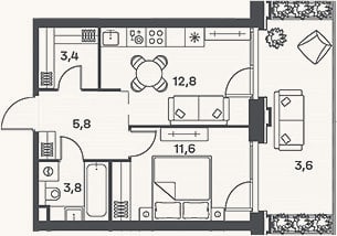 Планировка: 2-к, 37,4 м²
