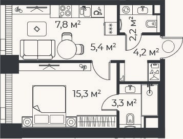 Планировка: 2-к, 38,3 м²