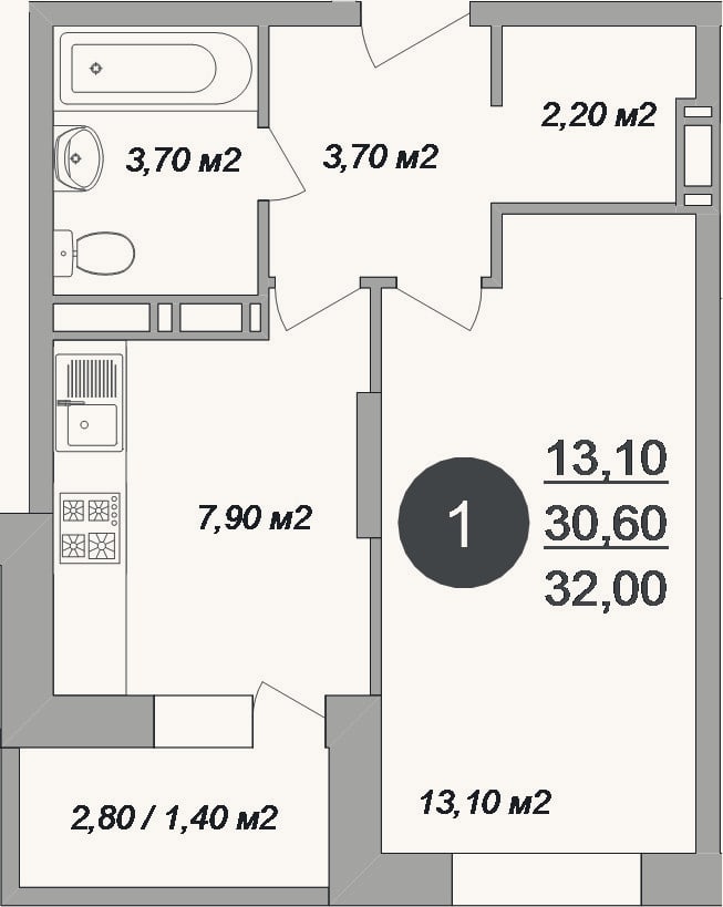 Планировка: 1-к, 30,6 м²