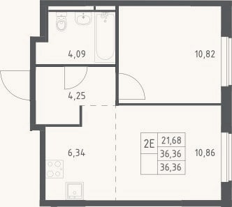 Планировка: 2-к, 36,4 м²