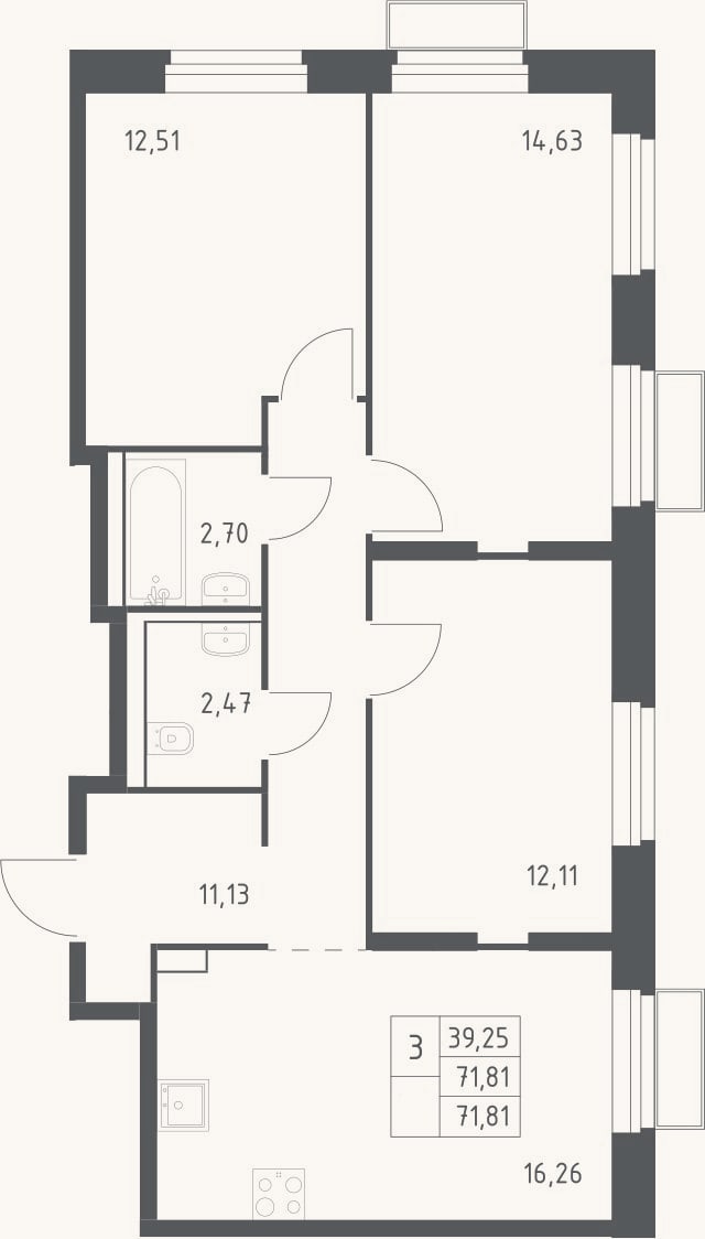 Планировка: 3-к, 71,8 м²