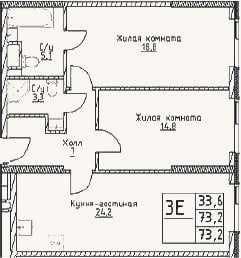 Планировка: 3-к, 73,2 м²