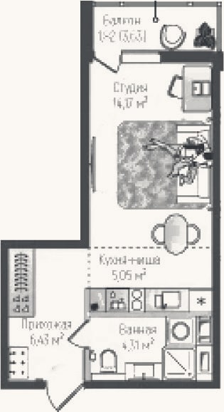 Планировка: Студия, 30 м²