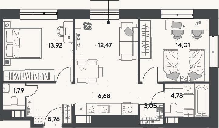 Планировка: 3-к, 62,5 м²