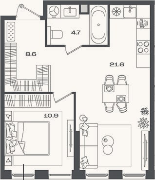 Планировка: 2-к, 45,8 м²