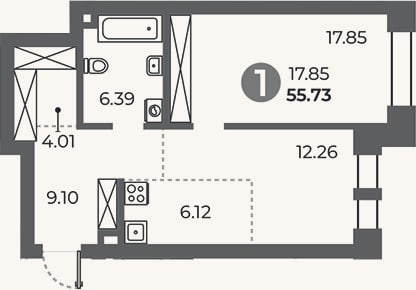 Планировка: 1-к, 55,7 м²