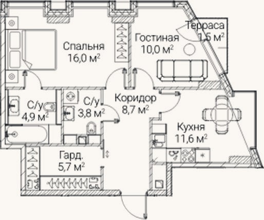 Планировка: 2-к, 59,2 м²