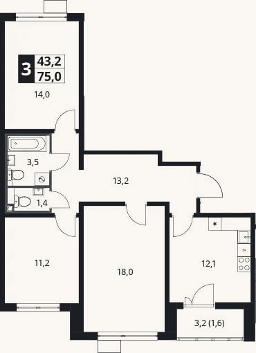 Планировка: 3-к, 74,4 м²