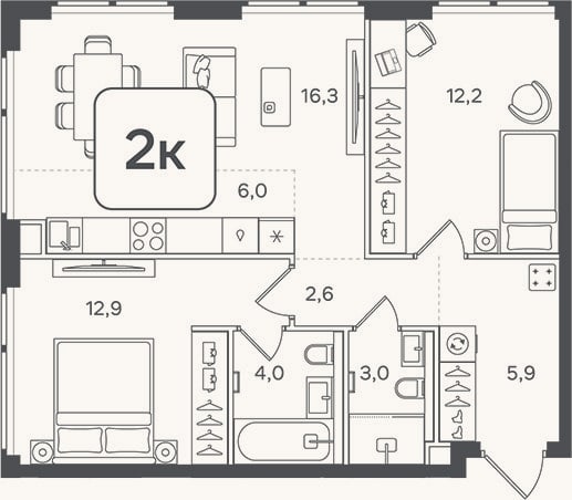 Планировка: 3-к, 62,9 м²