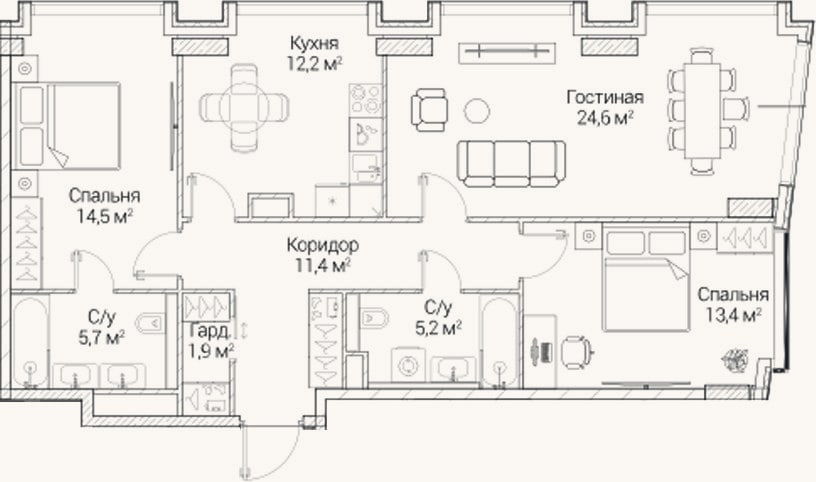 Планировка: 3-к, 88,9 м²