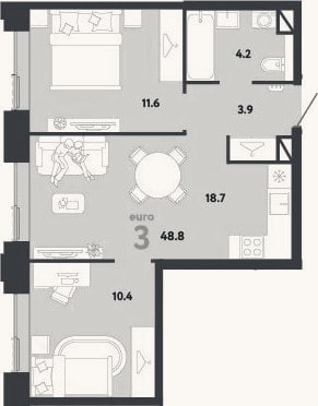 Планировка: 3-к, 48,8 м²