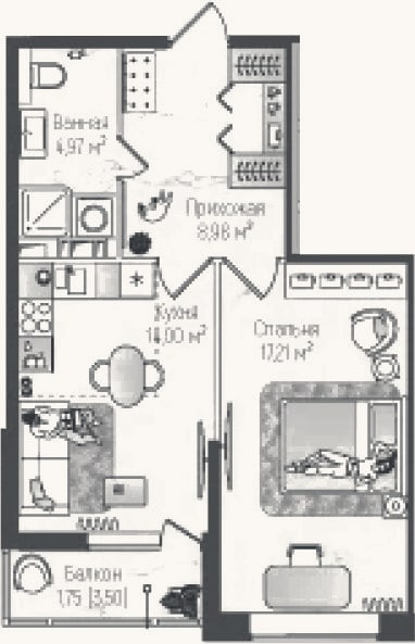 Планировка: 1-к, 45,2 м²