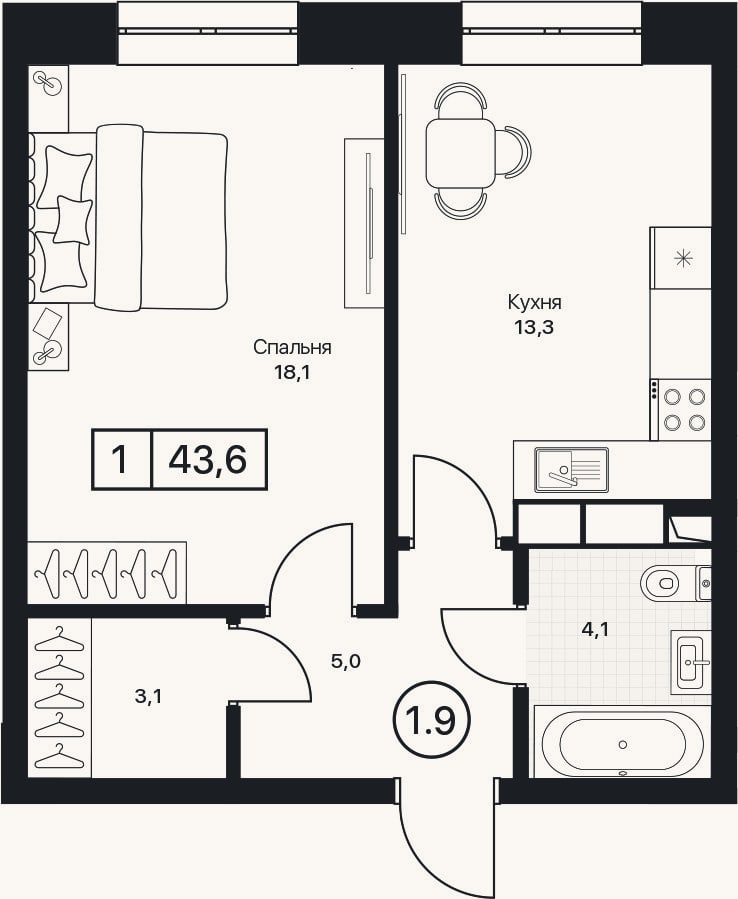 Планировка: 1-к, 43,6 м²