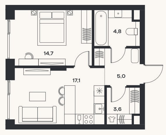 Планировка: 2-к, 45,2 м²