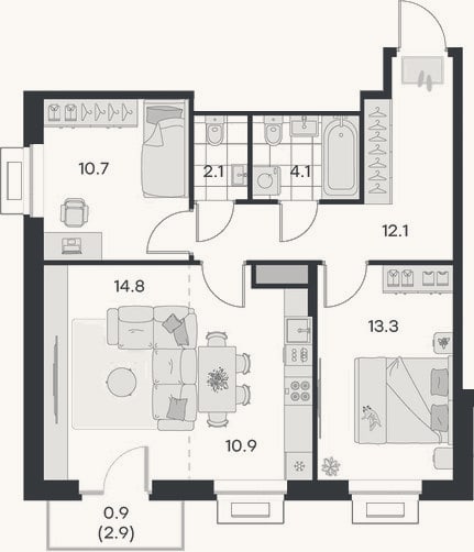 Планировка: 3-к, 68,1 м²