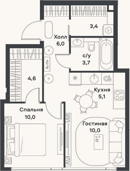 Планировка: 2-к, 42,8 м²