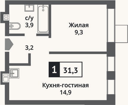 Планировка: 2-к, 31,3 м²