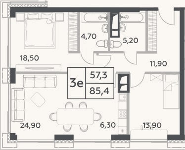 Планировка: 3-к, 85,4 м²