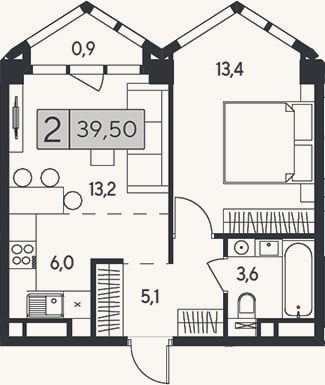 Планировка: 2-к, 38,6 м²