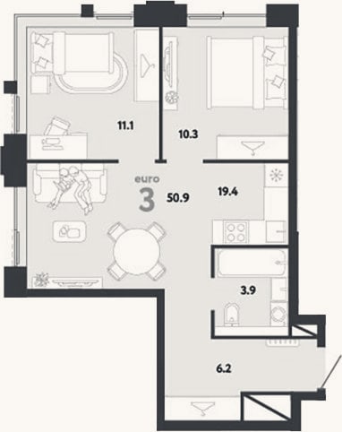 Планировка: 3-к, 50,9 м²